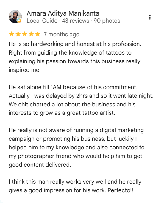 Client testimonial screenshot 1 for Rathnam Tattoos Studio, Vijayawada