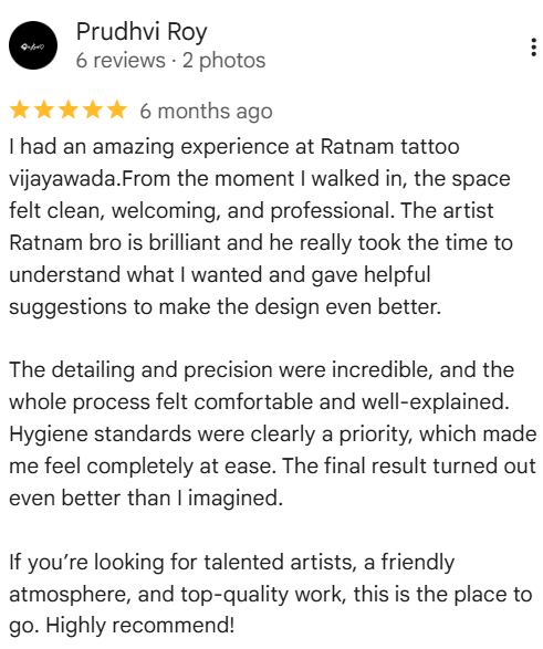 Client testimonial screenshot 3 for Rathnam Tattoos Studio, Vijayawada