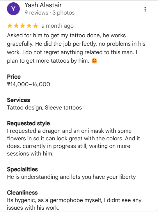 Client testimonial screenshot 5 for Rathnam Tattoos Studio, Vijayawada