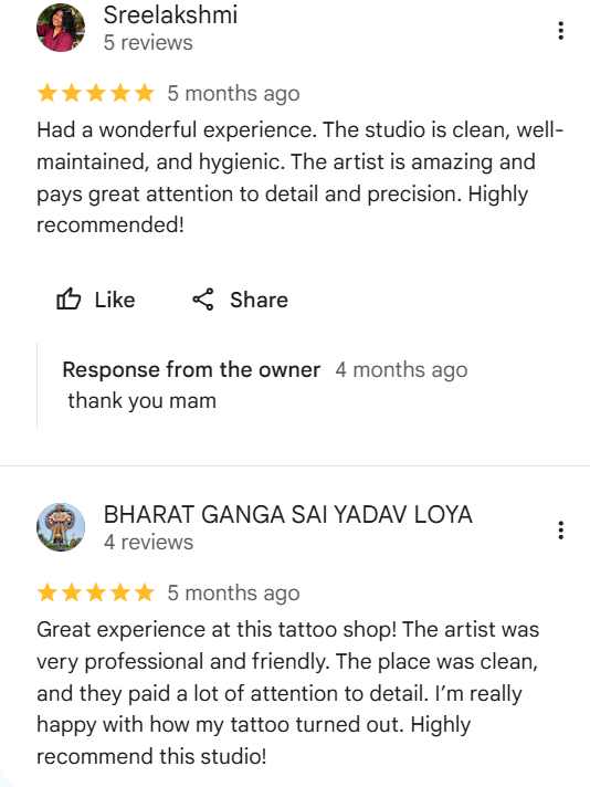 Client testimonial screenshot 7 for Rathnam Tattoos Studio, Vijayawada