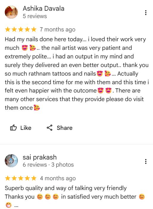 Client testimonial screenshot 9 for Rathnam Tattoos Studio, Vijayawada